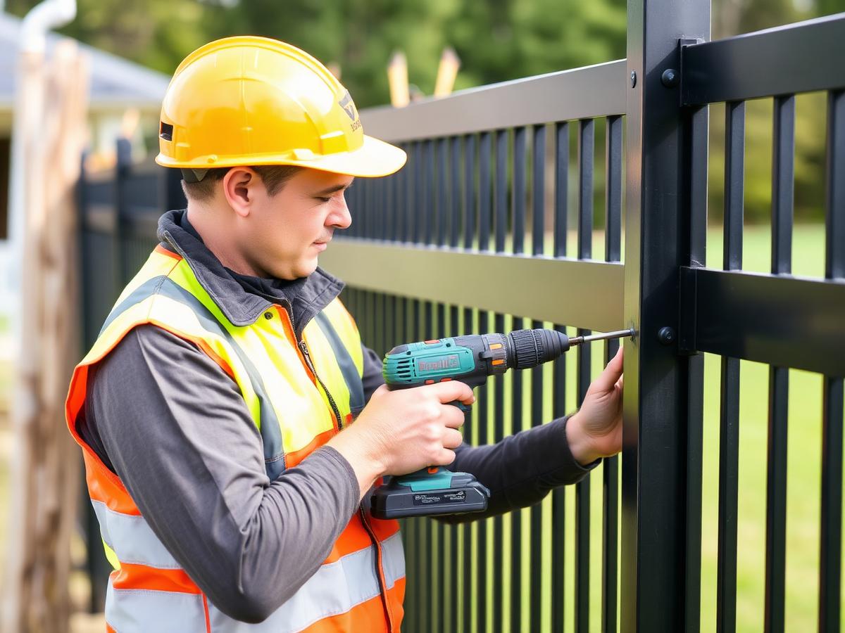 Hallmark Fencing installer fitting an aluminium fence panel