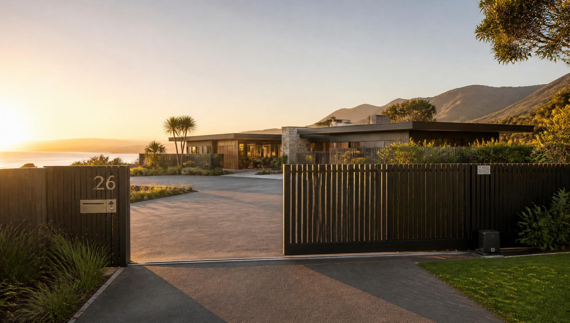 Modern black slat fence and automated sliding gate at a Northland home